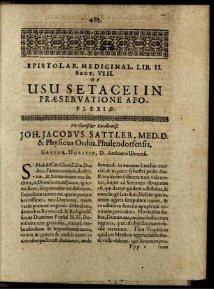Epistolar. Medicinal. Lib. II. Sect. VIII. De Usu Setacei In Praeservatione Apoplexiae