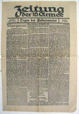 Revolutionsausgabe der Kriegszeitung der 10. Armee als "Organ des Soldatenrates" u.a. zu den Weihnachtskämpfen in Berlin