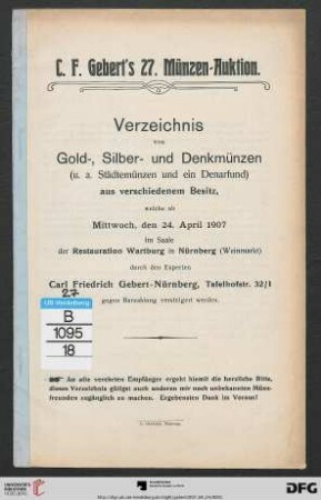 Verzeichnis von Gold-, Silber- und Denkmünzen (u. a. Städtemünzen und ein Denarfund) aus verschiedenem Besitz : Mittwoch, den 24. April 1907 (Katalog Nr. 27)