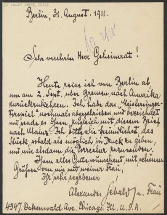 Brief an Ludwig Strecker (senior) und B. Schott's Söhne : 31.08.1911