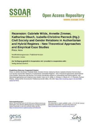 Rezension: Gabriele Wilde, Annette Zimmer, Katharina Obuch, Isabelle-Christine Panreck (Hg.): Civil Society and Gender Relations in Authoritarian and Hybrid Regimes - New Theoretical Approaches and Empirical Case Studies