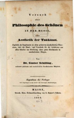 Versuch einer Philosophie des Schönen in der Musik, oder Aesthetik der Tonkunst : zugleich ein Supplement zu allen grösseren musikalischen Theorieen, und ein Hand- und Lesebuch für die Gebildeten aus allen Ständen zur Förderung eines guten Geschmacks in musikalischen Dingen