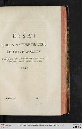 Essai sur la nature du feu, et sur sa propagation. 1740