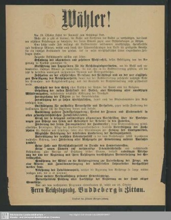 Wähler! : Am 28. Oktober findet die Neuwahl zum Reichstage statt ...; [Wahlaufruf zur Wahl des Reichstagsabgeordneten Buddeberg in Zittau]