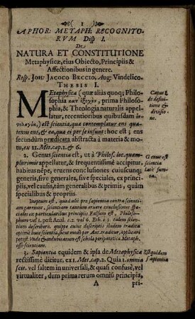 Disp. I. De Natura Et Constitutione Metaphysicæ, eius Obiecto, Principiis & Affectionibus in genere.