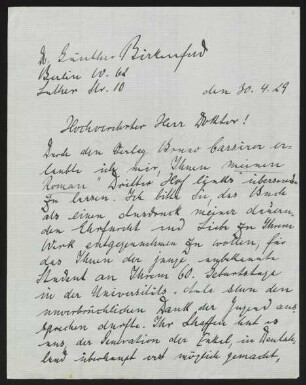 Brief von Günther Birkenfeld an Gerhart Hauptmann