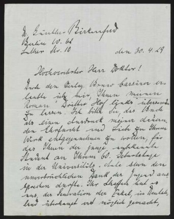 Brief von Günther Birkenfeld an Gerhart Hauptmann