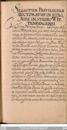 Sequitur Privilegium Doctoratus In Utro[que] Iure In Studio Wittenbergensi.