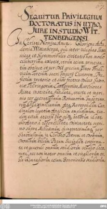 Sequitur Privilegium Doctoratus In Utro[que] Iure In Studio Wittenbergensi.