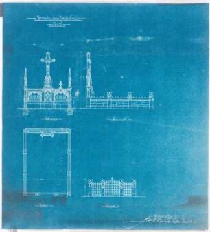 Grabdenkmäler, Altäre und Kirchendetails: Grundriss, Vorderansicht und Seitenansicht eines Grabdenkmal 1:50