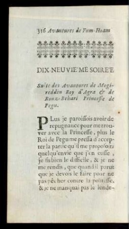 Dix-Neuviéme Soirée. Suite des Avantures de Mogireddin Roy d'Agra & de Rouz-Behari Princeße de Pegu.