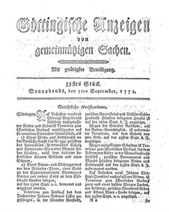 35stes Stück. Sonnabends, den 5ten September, 1772.