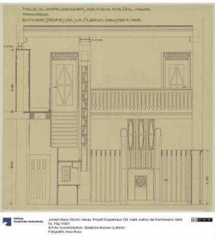 Hanau, Projekt Doppelhaus Ohl, Halle, Aufriss der Kaminwand
