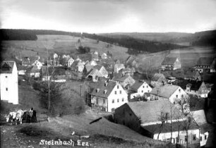Ortsansicht vom Schenk-Berg zum Kämmel : re. oben Götzel-Gut, li. davon Frank-Albert-Gut, Vordergrund das Saalgebäude des Gasthofes 6 Linden