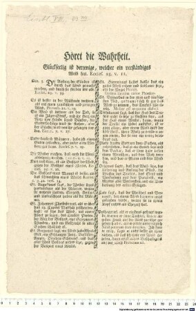 Höret die Wahrheit. Glückseelig ist derjenige, welcher ein verständiges Weib hat. Eccles. 25. v. 11.