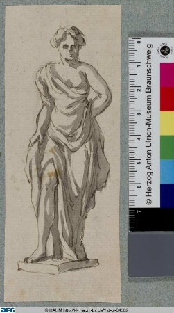 Stehende weibliche Figur den linken Arm hinter ihrem Rücken verschränkend (nach einer Skulptur?)