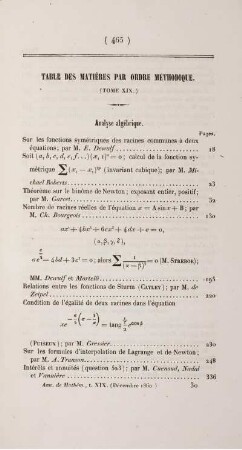 Table des matiéres par ordre mèthodique. (Tome XIX.)