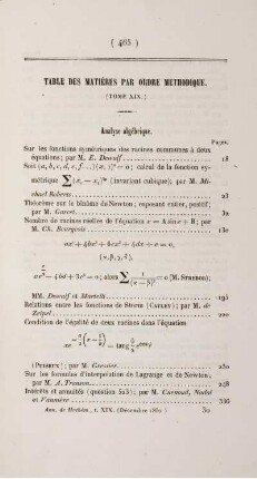 Table des matiéres par ordre mèthodique. (Tome XIX.)