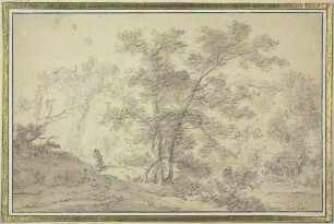 Waldpartie, links Häuser, rechts Wasser