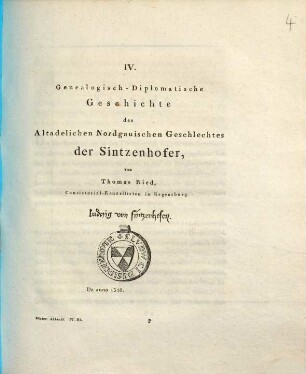 Genealogisch-Diplomatische Geschichte des Altadelichen Nordgauischen Geschlechtes der Sintzenhofer