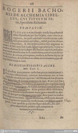 ROGERII BACHONIS DE ALCHEMIA LIBELLUS, CUI TITULUM FECIT, Speculum Alchemiae.