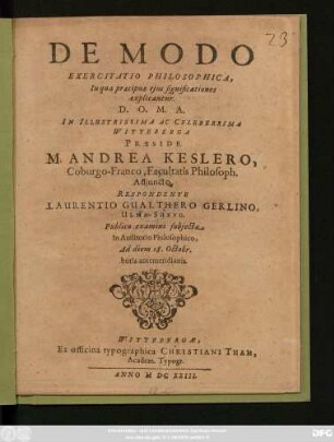 De Modo Exercitatio Philosophica : In qua praecipuae eius significationes explicantnr