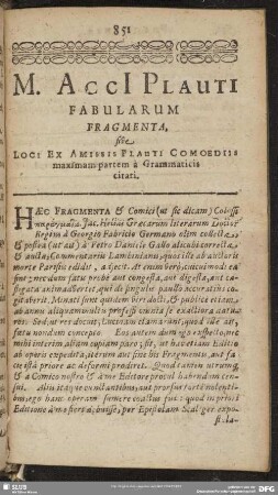 M. Acci Plauti Fabularum Fragmenta sive Loci Ex Amissis Plauti Comoediis Maximam partem à Grammaticis citati