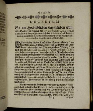 Decretum So am Hochlöblichen Kayserlichen Cammer-Gericht zu Speyer den 27. 17. Augusti Anno 1669. in Consilio pleno ergangen, und desselben [...] vorgelesen und zugestellet worden.
