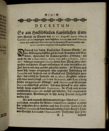 Decretum So am Hochlöblichen Kayserlichen Cammer-Gericht zu Speyer den 27. 17. Augusti Anno 1669. in Consilio pleno ergangen, und desselben [...] vorgelesen und zugestellet worden.