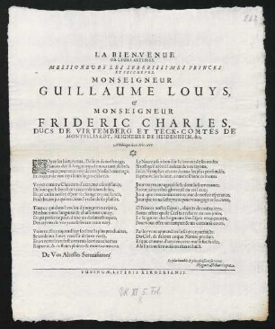 La Bien-Venue de leurs altesses, ... monseigneur Guillaume Louys et monseigneur Frideric Charles ducs de Virtemberg ...