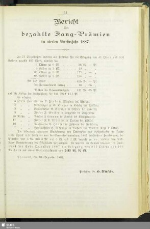 Bericht über bezahlte Fang-Prämien im vierten Vereinsjahr 1887