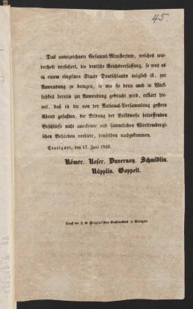 Das unterzeichnete Gesammt-Ministerium, ...