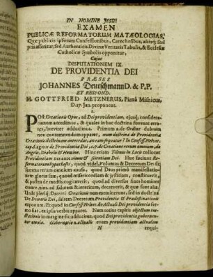 Disputationem IX. De Providentia Dei