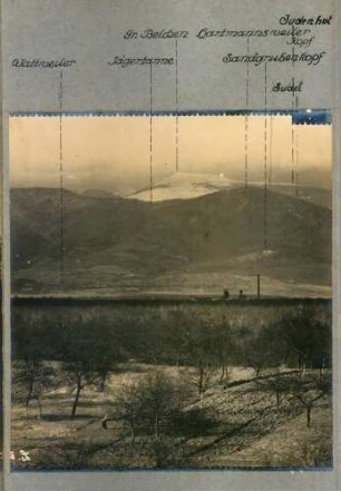 Foto aus der Beobachtungsstelle des "Artillerie-Kommandeurs Lutterbach" mit dem Ausschnitt Wattweiler - Großer Belchen - Hartmannsweilerkopf - Sandgrubenkopf - Judenhut (Rundbild)