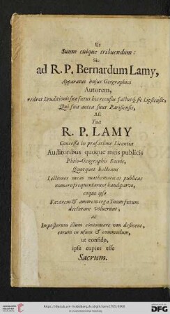 Suum cuique tribuendum: Sic ad R. P. Bernardum Lamy, apparatus hujus Geographici Autorem [...]