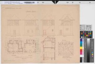 Blockstelle "Hiesfeld": Grundrisse, Ansichten, Schnitt, Sparrenlage, M. 1:50 Hgs, Sknr.: 1, Fanr.: 3, Bunr.: 3