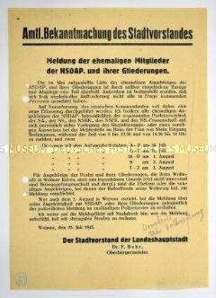 Amtliche Bekanntmachung des Stadtvorstandes von Weimar zur Meldepflicht aller ehemaligen Mitglieder der NSDAP und ihrer Gliederungen
