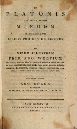 In Platonis qui vulgo fertur Minoem eiusdemque libros priores de legibus commentatio