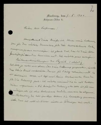 Nr. 2: Brief von Otto Blumenthal an David Hilbert, Marburg, 7.5.1904