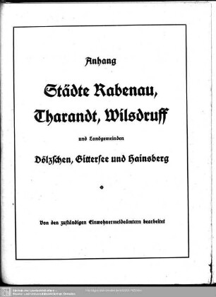 Städte Rabenau, Tharandt, Wilsdruff und Landgemeinden Dölzschen, Gittersee und Hainsberg