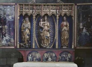 Marienaltar — Altar in geöffnetem Zustand — Heiliger Antonius, Madonna im Strahlenkranz, heilige Agathe