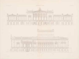 Stadttheater, Leipzig: Vorderansicht, Seitenansicht (aus: Atlas zur Zeitschrift für Bauwesen, hrsg. v. G. Erbkam, Jg. 20, 1870)