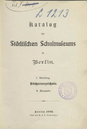Katalog des Städtischen Schulmuseums in Berlin : I. Abteilung : Bücherverzeichnis