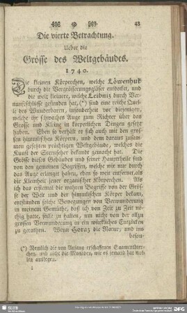 Die vierte Betrachtung. Ueber die Grösse des Weltgebäudes. 1740
