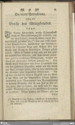 Die vierte Betrachtung. Ueber die Grösse des Weltgebäudes. 1740