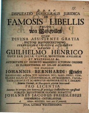 Disputatio Inauguralis Juridica De Famosis Libellis Vulgo von Paßquillen