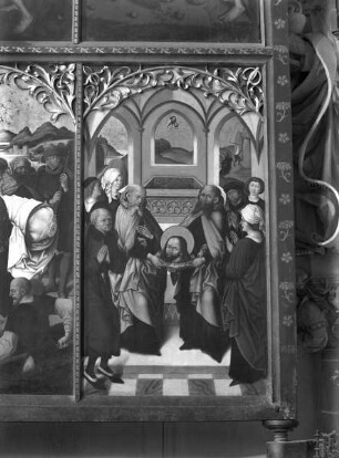 Altar in erster Öffnung — Szenen aus dem Leben Johannes des Täufers — Rechter Außenflügel: Vier Szenen aus dem Leben des Heiligen — Die Beisetzung des Hauptes