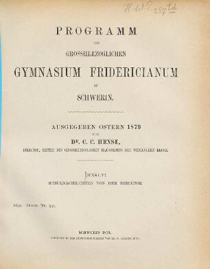 Programm des Grossherzoglichen Gymnasium Fridericianum zu Schwerin : Ostern ..., 1878/79