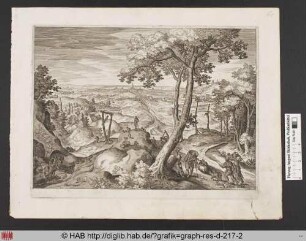 Landschaft mit Galgen und bäuerlichen Figuren.