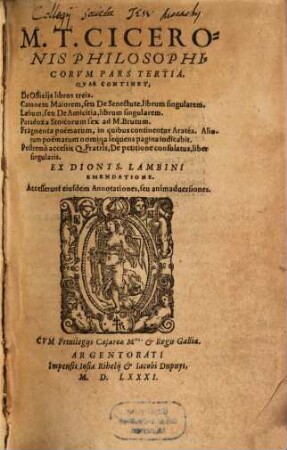 M. T. Ciceronis Philosophicorvm Librorvm Pars ..., 3. Philosophicorvm Pars ...